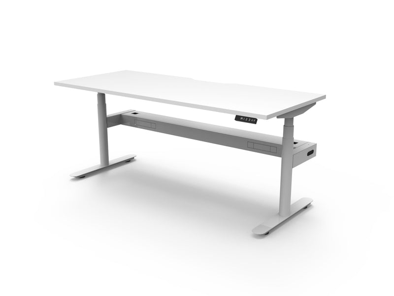 Rapidline Halo Plus electric height adjustable single sided workstation on 70mm diameter round columns, E0 rated Natural White top with a white satin powdercoated frame, fitted ducted cable tray. Rapidline range image supplied for model H+1PCT1275 NW/WS.
