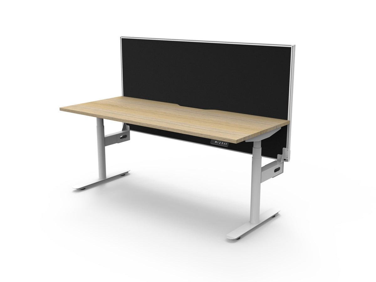 Rapidline Halo Plus electric height adjustable single sided workstation on 70mm diameter round columns, E0 rated Natural Oak top with a white satin powdercoated frame, 900mm black fabric privacy screen. Rapidline range image supplied for model H+1PWS1875 NO/WS.