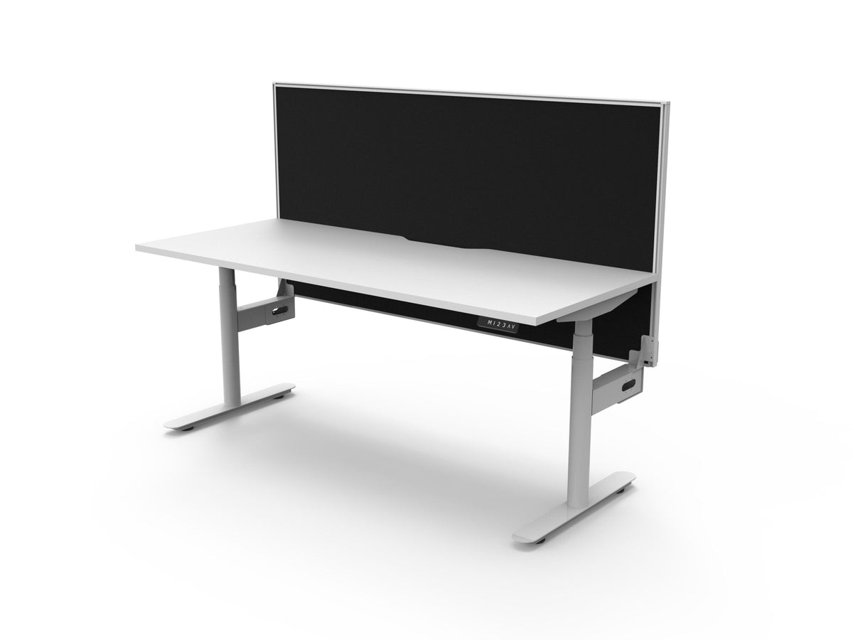 Rapidline Halo Plus electric height adjustable single sided workstation on 70mm diameter round columns, E0 rated Natural White top with a white satin powdercoated frame, 900mm black fabric privacy screen. Rapidline range image supplied for model H+1PWS1875 NW/WS.
