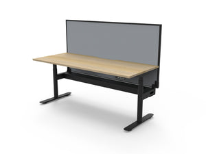Rapidline Halo Plus electric height adjustable single sided workstation on 70mm diameter round columns, E0 rated Natural Oak top with a black satin powdercoated frame, fitted ducted cable tray, 900mm black fabric privacy screen. Rapidline range image supplied for model H+1PWSCT1875 NO/BL.