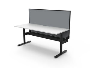 Rapidline Halo Plus electric height adjustable single sided workstation on 70mm diameter round columns, E0 rated Natural White top with a black satin powdercoated frame, fitted ducted cable tray, 900mm black fabric privacy screen. Rapidline range image supplied for model H+1PWSCT1875 NW/BL.
