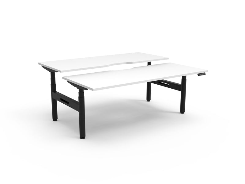 Rapidline Halo Plus electric height adjustable back to back workstation on 70mm diameter round columns, E0 rated Natural White top with a black satin powdercoated frame. Rapidline range image supplied for model H+2P1275 NW/BL.