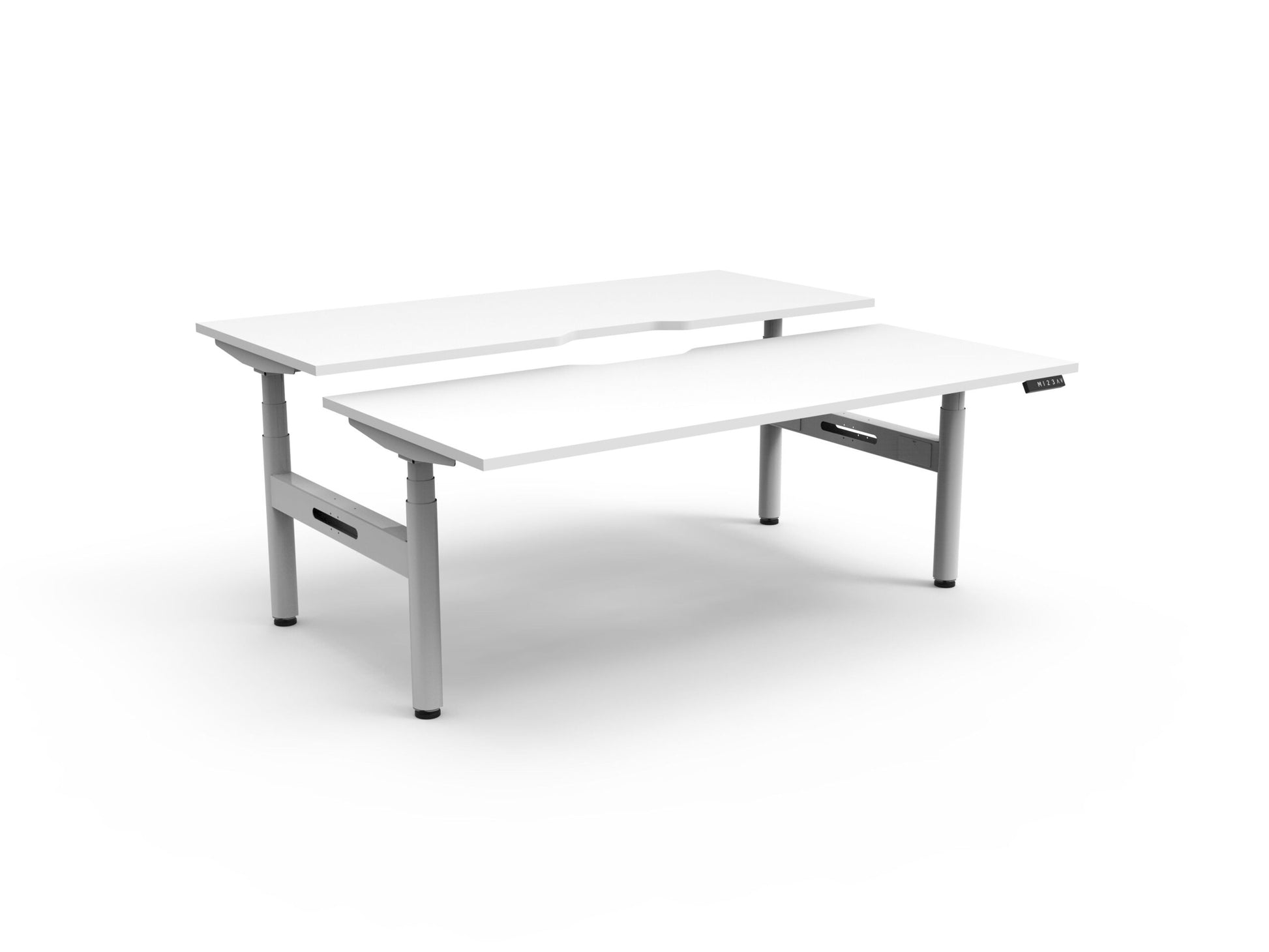 Rapidline Halo Plus electric height adjustable back to back workstation on 70mm diameter round columns, E0 rated Natural White top with a white satin powdercoated frame. Rapidline range image supplied for model H+2P1275 NW/WS.