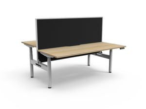 Rapidline Halo Plus electric height adjustable back to back workstation on 70mm diameter round columns, E0 rated Natural Oak top with a white satin powdercoated frame, 900mm black fabric privacy screen. Rapidline range image supplied for model H+2PWS1875 NO/WS.