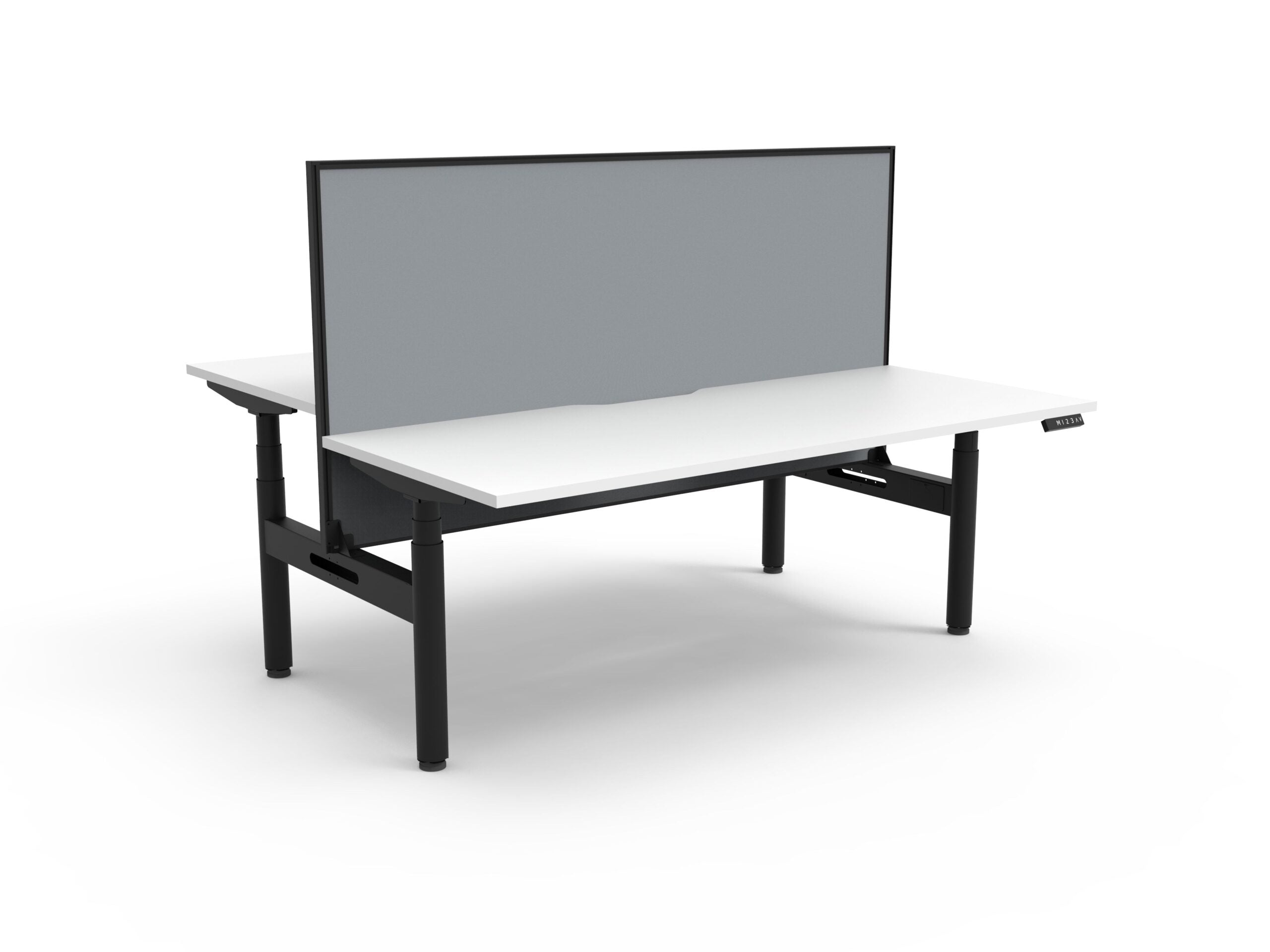 Rapidline Halo Plus electric height adjustable back to back workstation on 70mm diameter round columns, E0 rated Natural White top with a black satin powdercoated frame, 900mm black fabric privacy screen. Rapidline range image supplied for model H+2PWS1875 NW/BL.