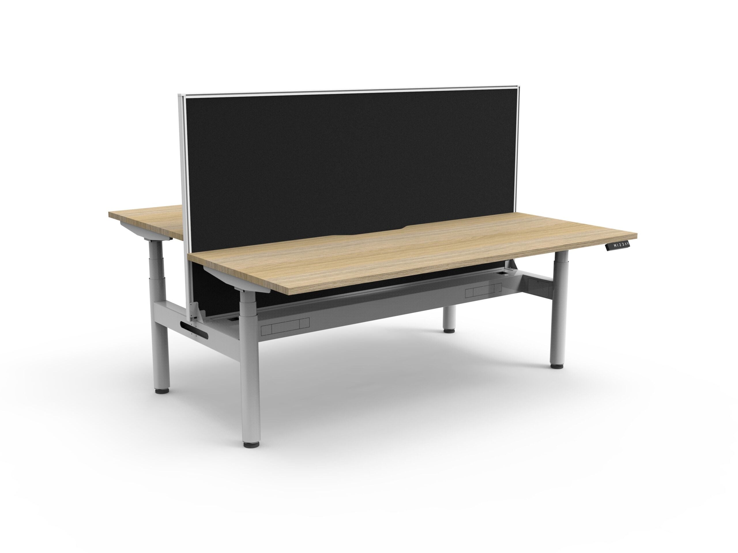 Rapidline Halo Plus electric height adjustable back to back workstation on 70mm diameter round columns, E0 rated Natural Oak top with a white satin powdercoated frame, fitted ducted cable tray, 900mm black fabric privacy screen. Rapidline range image supplied for model H+2PWSCT1575 NO/WS.