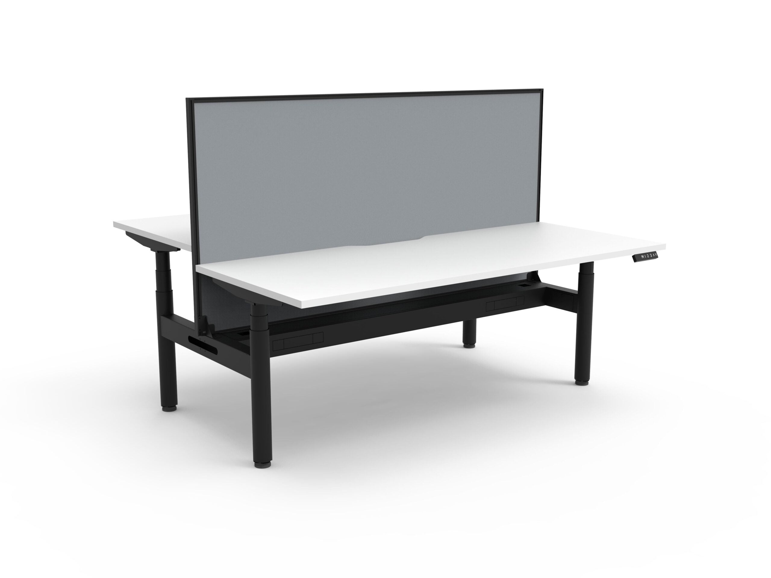 Rapidline Halo Plus electric height adjustable back to back workstation on 70mm diameter round columns, E0 rated Natural White top with a black satin powdercoated frame, fitted ducted cable tray, 900mm black fabric privacy screen. Rapidline range image supplied for model H+2PWSCT1875 NW/BL.