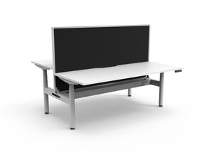 Rapidline Halo Plus electric height adjustable back to back workstation on 70mm diameter round columns, E0 rated Natural White top with a white satin powdercoated frame, fitted ducted cable tray, 900mm black fabric privacy screen. Rapidline range image supplied for model H+2PWSCT1275 NW/WS.