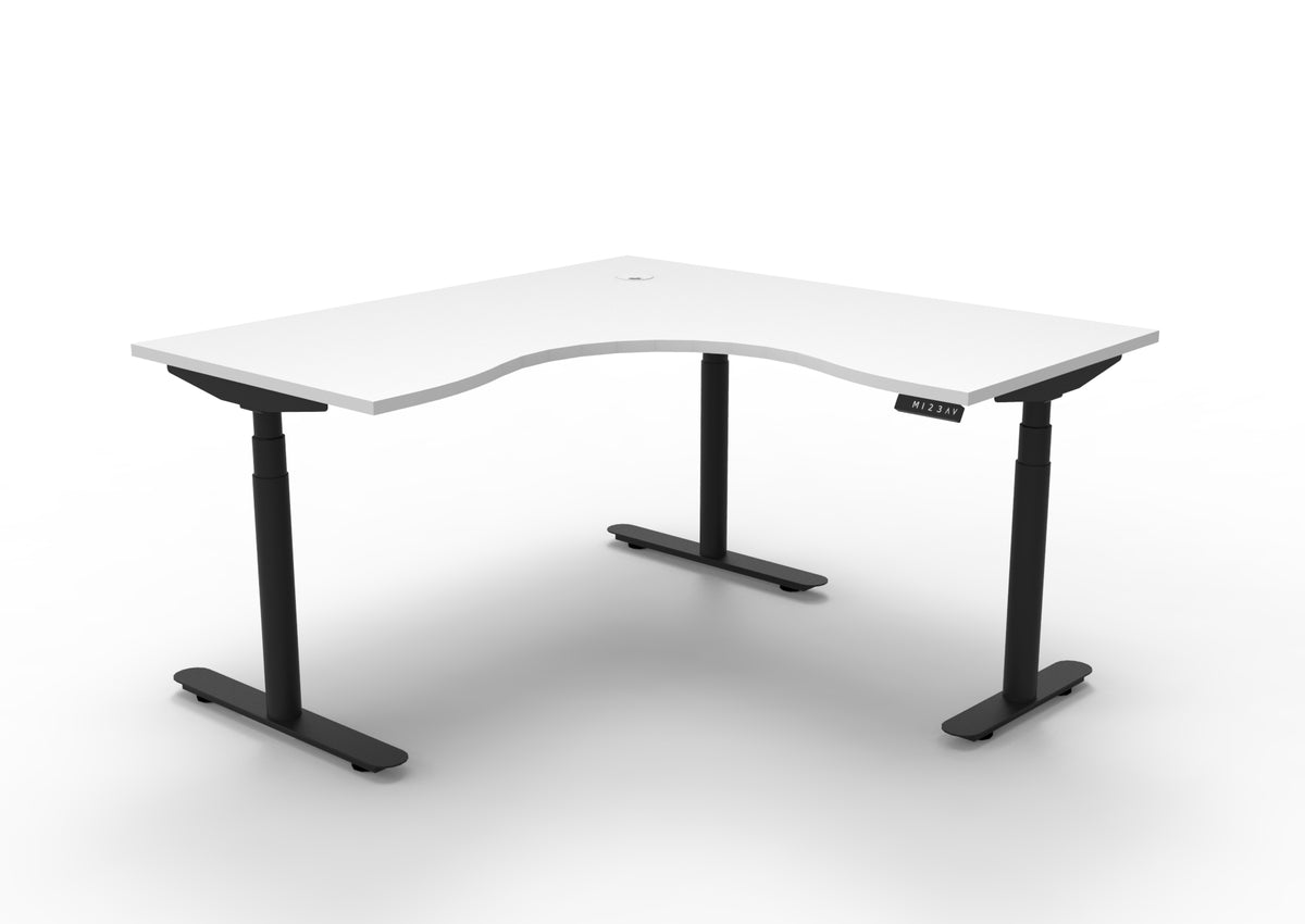 Rapidline Halo Plus electric height adjustable corner workstation on 70mm diameter round columns, E0 rated Natural White top with a black satin powdercoated frame. Supplied product image for model H+CNR1P1515 NW/BL.