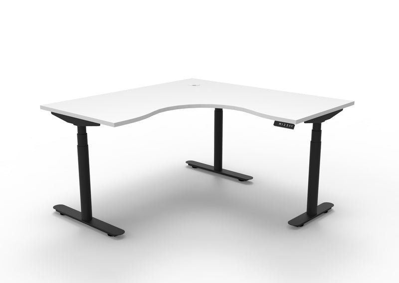 Rapidline Halo Plus electric height adjustable corner workstation on 70mm diameter round columns, E0 rated Natural White top with a black satin powdercoated frame. Supplied product image for model H+CNR1P1515 NW/BL.