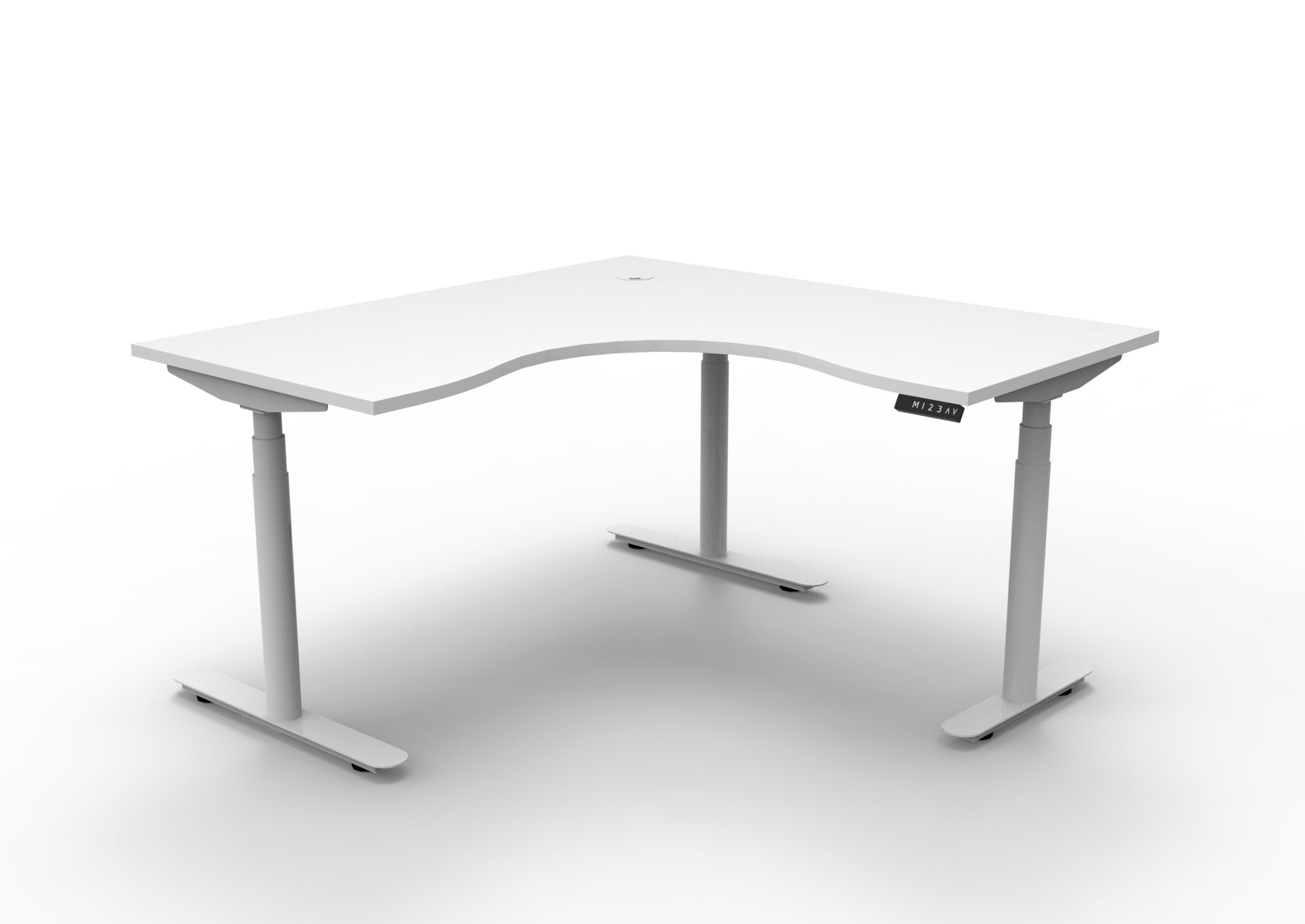 Rapidline Halo Plus electric height adjustable corner workstation on 70mm diameter round columns, E0 rated Natural White top with a white satin powdercoated frame. Supplied product image for model H+CNR1P1515 NW/WS.