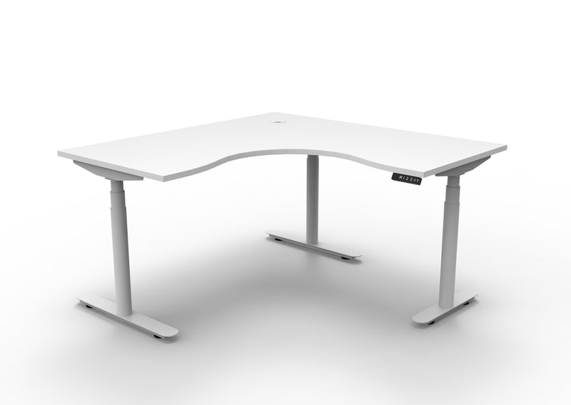 Rapidline Halo Plus electric height adjustable corner workstation on 70mm diameter round columns, E0 rated Natural White top with a white satin powdercoated frame. Supplied product image for model H+CNR1P1515 NW/WS.