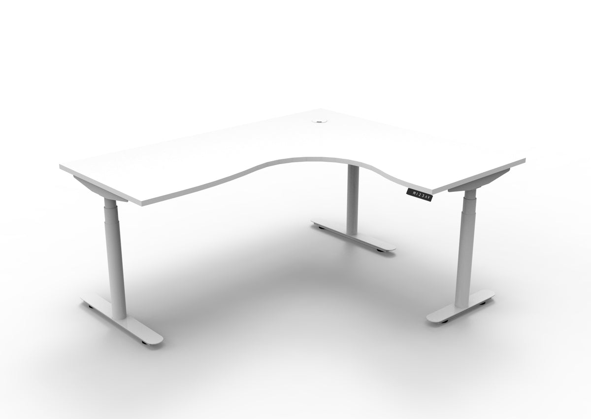 Rapidline Halo Plus electric height adjustable corner workstation on 70mm diameter round columns, E0 rated Natural White top with a white satin powdercoated frame. Supplied product image for model H+CNR1P1815 NW/WS.