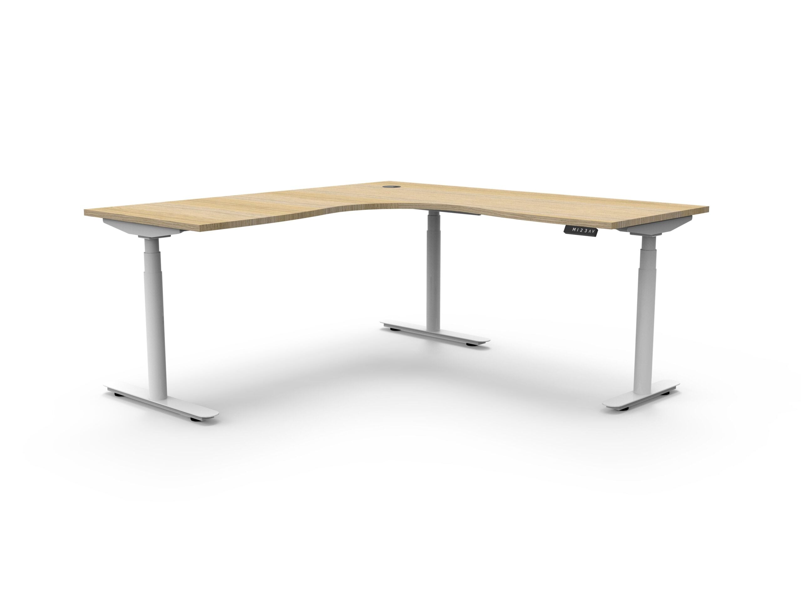 Rapidline Halo Plus electric height adjustable corner workstation on 70mm diameter round columns, E0 rated Natural Oak top with a white satin powdercoated frame. Supplied product image for model H+CNR1P1818 NO/WS.