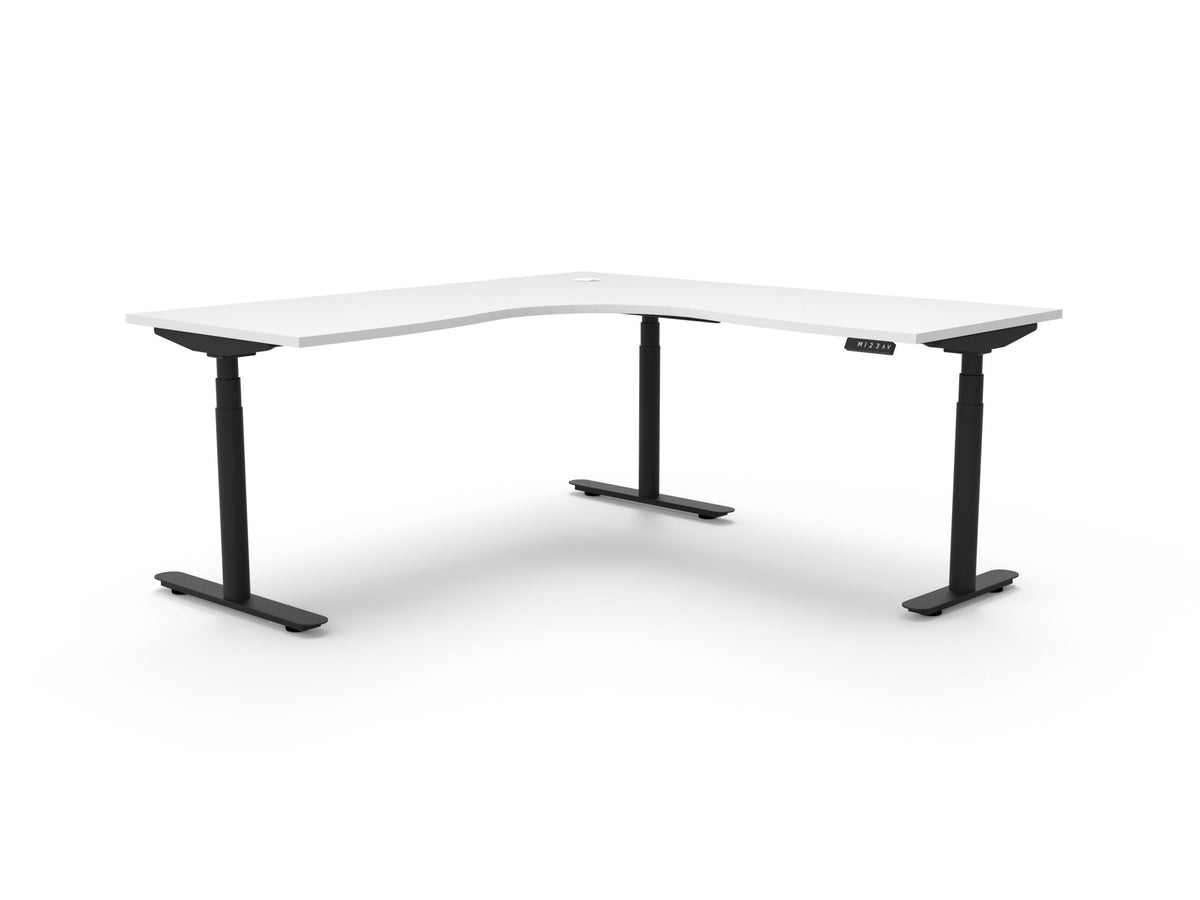 Rapidline Halo Plus electric height adjustable corner workstation on 70mm diameter round columns, E0 rated Natural White top with a black satin powdercoated frame. Supplied product image for model H+CNR1P1818 NW/BL.