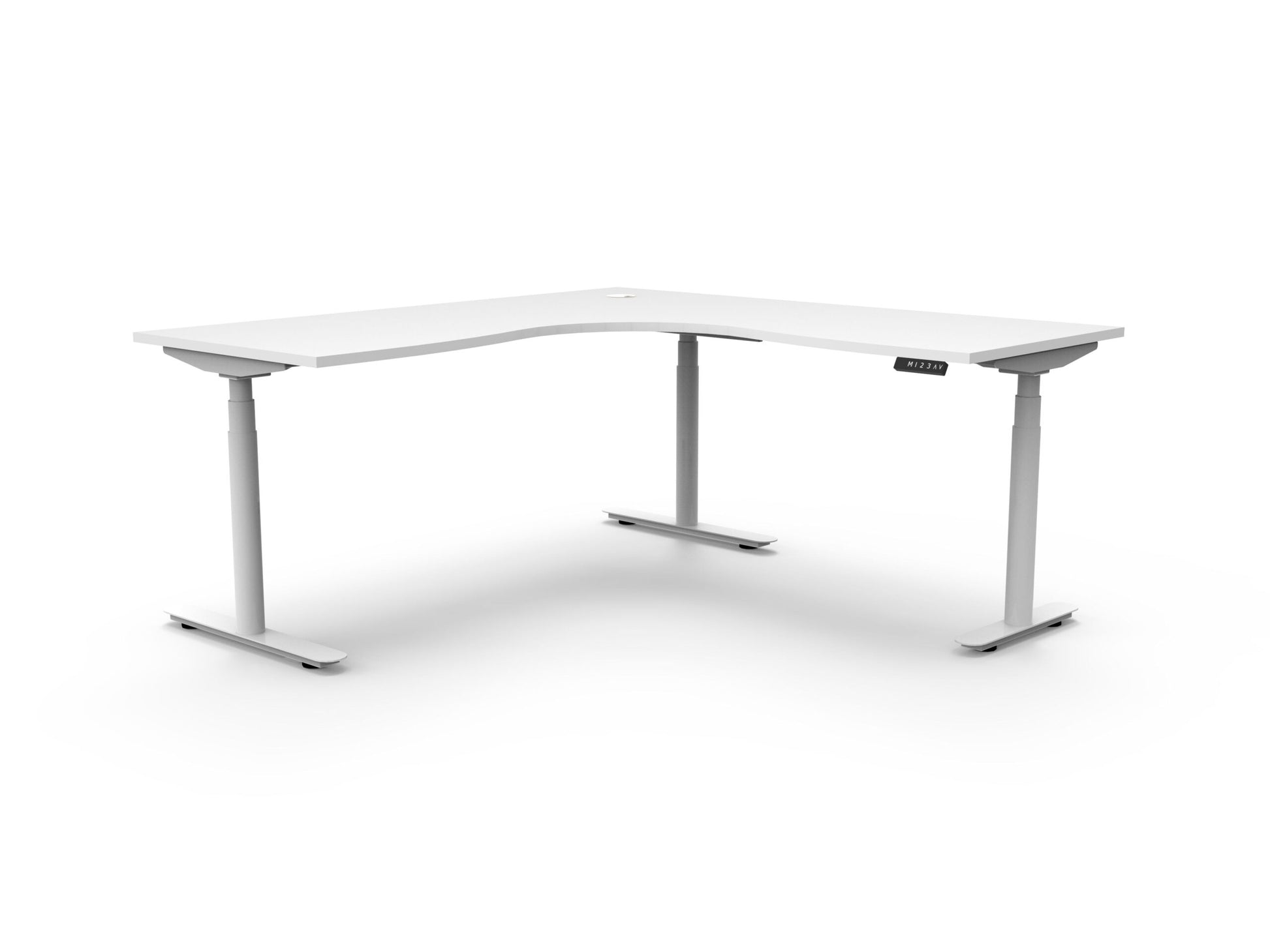 Rapidline Halo Plus electric height adjustable corner workstation on 70mm diameter round columns, E0 rated Natural White top with a white satin powdercoated frame. Supplied product image for model H+CNR1P1818 NW/WS.