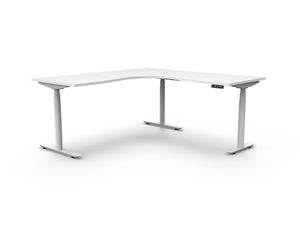 Rapidline Halo Plus electric height adjustable corner workstation on 70mm diameter round columns, E0 rated Natural White top with a white satin powdercoated frame. Supplied product image for model H+CNR1P1818 NW/WS.