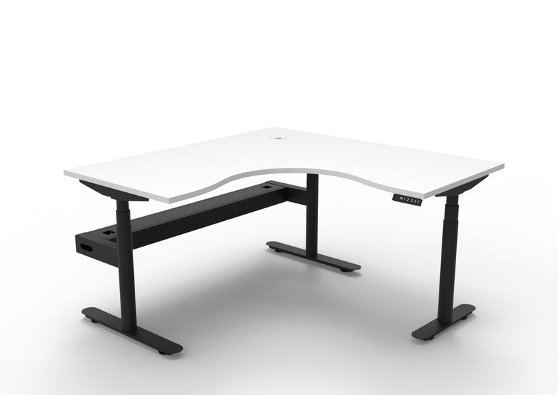 Rapidline Halo Plus electric height adjustable corner workstation on 70mm diameter round columns, E0 rated Natural White top with a black satin powdercoated frame, fitted ducted cable tray. Supplied product image for model H+CNRCT1P1515 NW/BL.