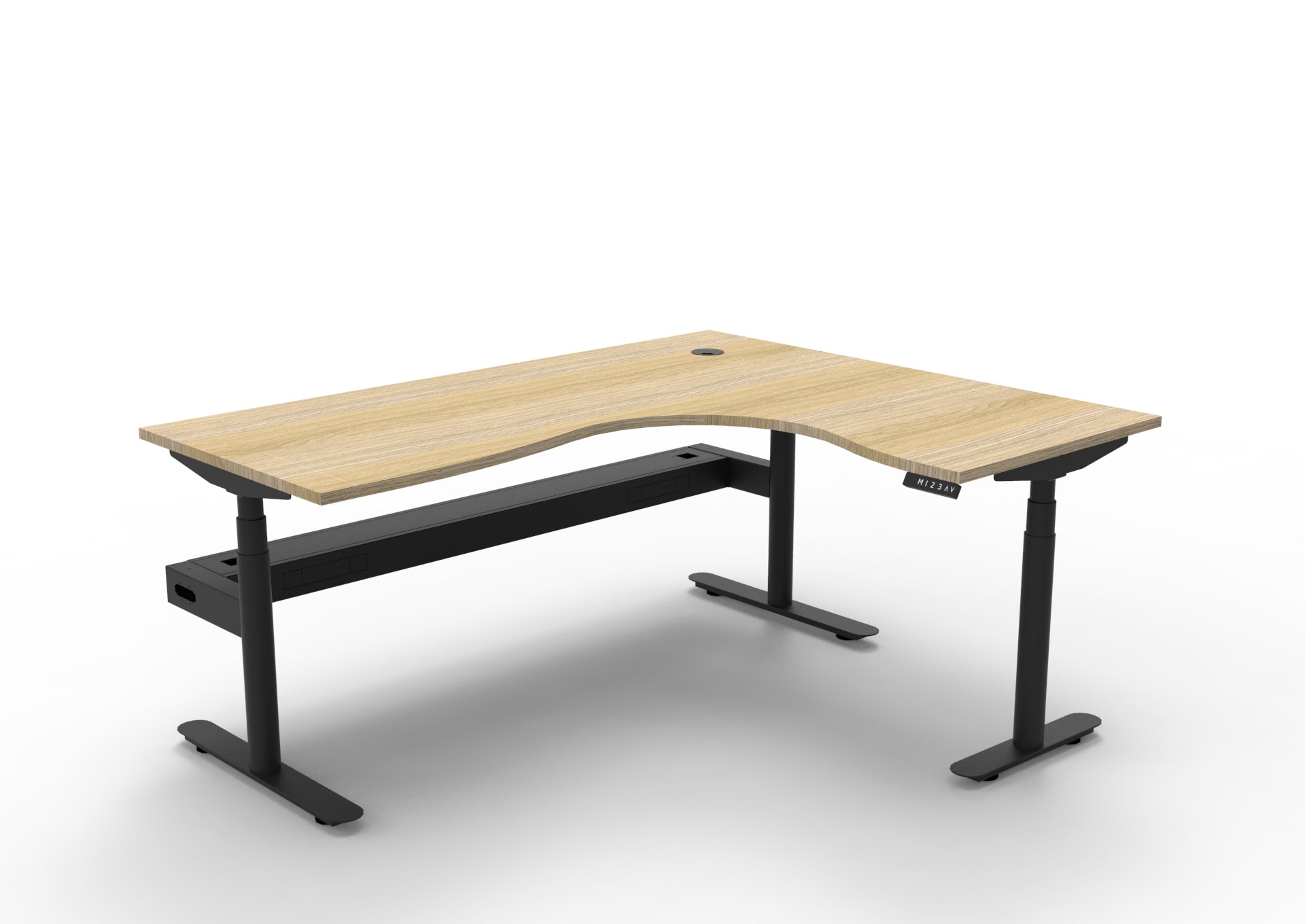 Rapidline Halo Plus electric height adjustable corner workstation on 70mm diameter round columns, E0 rated Natural Oak top with a black satin powdercoated frame, fitted ducted cable tray. Supplied product image for model H+CNRCT1P1815 NO/BL.
