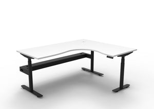 Rapidline Halo Plus electric height adjustable corner workstation on 70mm diameter round columns, E0 rated Natural White top with a black satin powdercoated frame, fitted ducted cable tray. Supplied product image for model H+CNRCT1P1815 NW/BL.