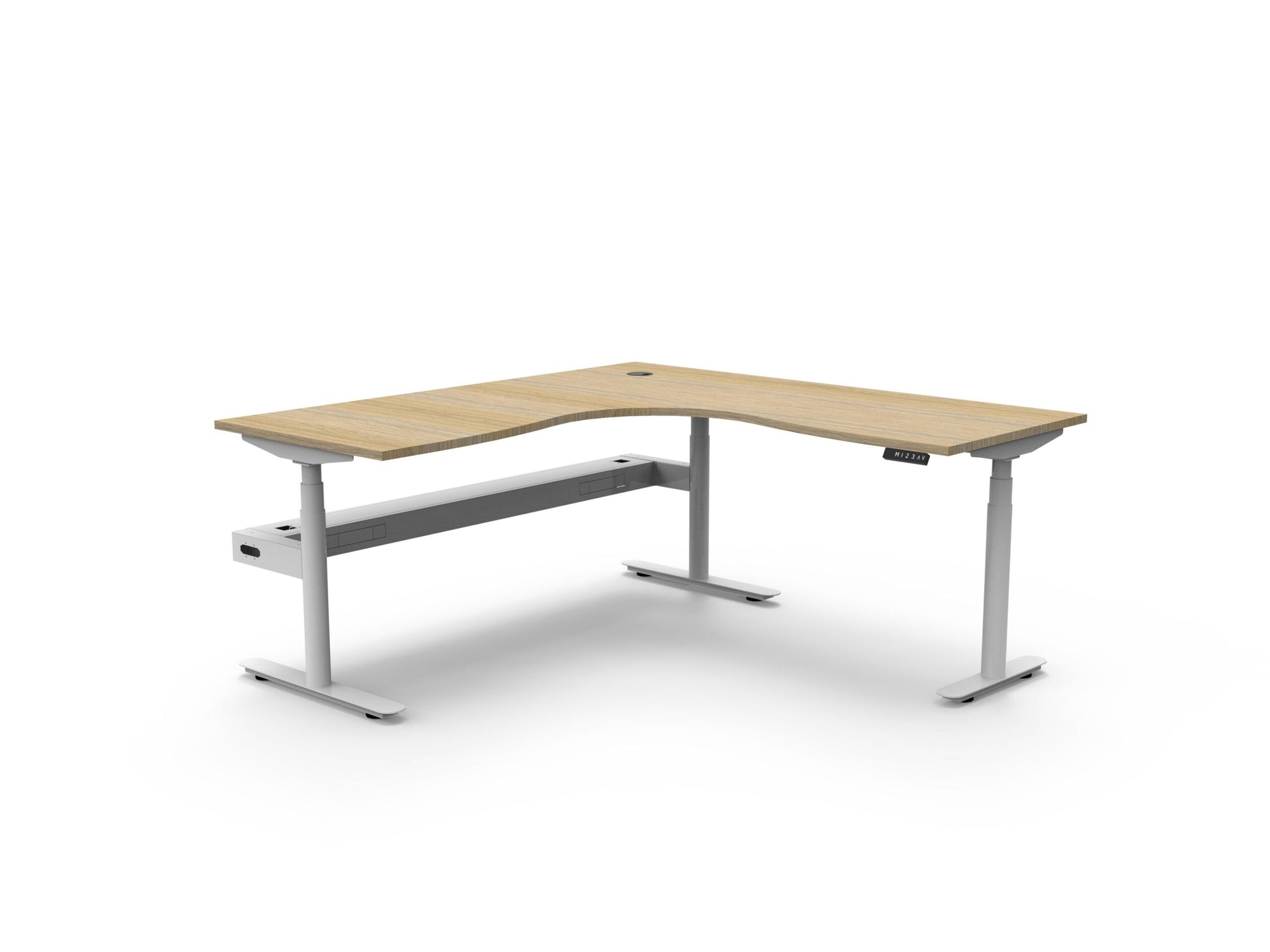 Rapidline Halo Plus electric height adjustable corner workstation on 70mm diameter round columns, E0 rated Natural Oak top with a white satin powdercoated frame, fitted ducted cable tray. Supplied product image for model H+CNRCT1P1818 NO/WS.