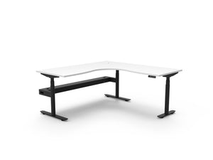 Rapidline Halo Plus electric height adjustable corner workstation on 70mm diameter round columns, E0 rated Natural White top with a black satin powdercoated frame, fitted ducted cable tray. Supplied product image for model H+CNRCT1P1818 NW/BL.