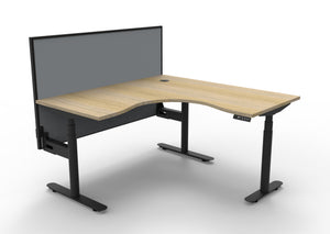 Rapidline Halo Plus electric height adjustable corner workstation on 70mm diameter round columns, E0 rated Natural Oak top with a black satin powdercoated frame, 900mm black fabric privacy screen. Supplied product image for model H+CNRWS1P1515 NO/BL.
