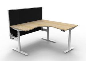 Rapidline Halo Plus electric height adjustable corner workstation on 70mm diameter round columns, E0 rated Natural Oak top with a white satin powdercoated frame, 900mm black fabric privacy screen. Supplied product image for model H+CNRWS1P1515 NO/WS.
