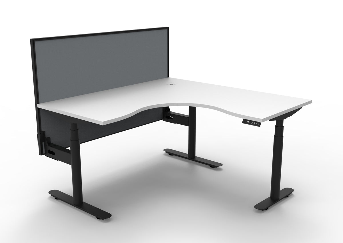 Rapidline Halo Plus electric height adjustable corner workstation on 70mm diameter round columns, E0 rated Natural White top with a black satin powdercoated frame, 900mm black fabric privacy screen. Supplied product image for model H+CNRWS1P1515 NW/BL.