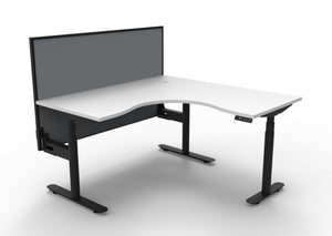 Rapidline Halo Plus electric height adjustable corner workstation on 70mm diameter round columns, E0 rated Natural White top with a black satin powdercoated frame, 900mm black fabric privacy screen. Supplied product image for model H+CNRWS1P1515 NW/BL.