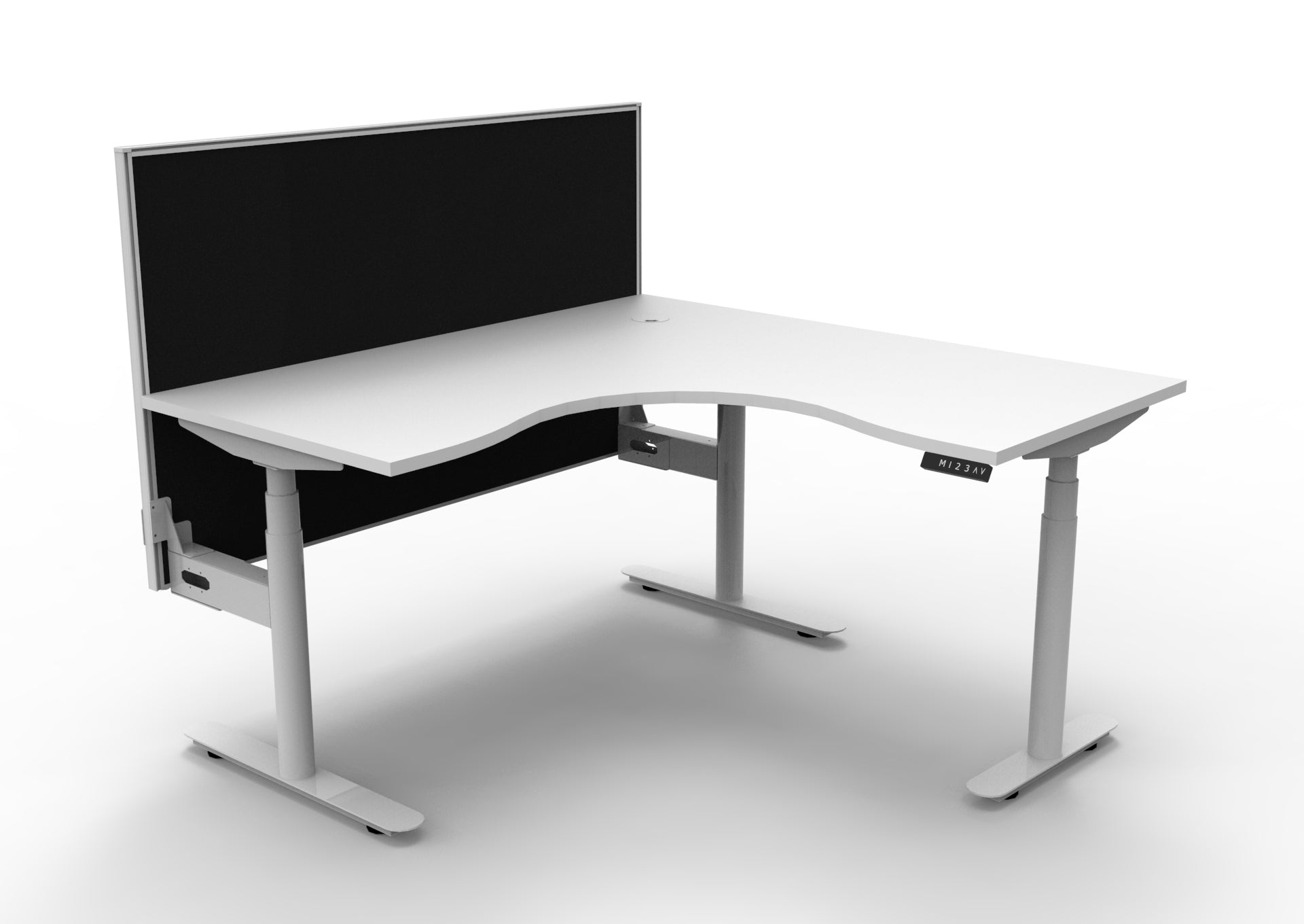 Rapidline Halo Plus electric height adjustable corner workstation on 70mm diameter round columns, E0 rated Natural White top with a white satin powdercoated frame, 900mm black fabric privacy screen. Supplied product image for model H+CNRWS1P1515 NW/WS.