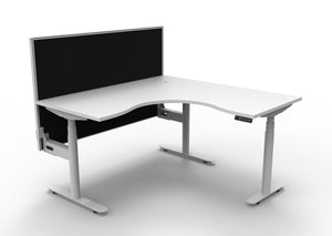 Rapidline Halo Plus electric height adjustable corner workstation on 70mm diameter round columns, E0 rated Natural White top with a white satin powdercoated frame, 900mm black fabric privacy screen. Supplied product image for model H+CNRWS1P1515 NW/WS.