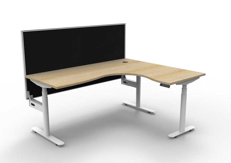 Rapidline Halo Plus electric height adjustable corner workstation on 70mm diameter round columns, E0 rated Natural Oak top with a white satin powdercoated frame, 900mm black fabric privacy screen. Supplied product image for model H+CNRWS1P1815 NO/WS.