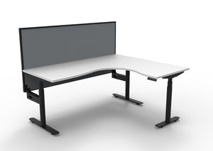 Rapidline Halo Plus electric height adjustable corner workstation on 70mm diameter round columns, E0 rated Natural White top with a black satin powdercoated frame, 900mm black fabric privacy screen. Supplied product image for model H+CNRWS1P1815 NW/BL.