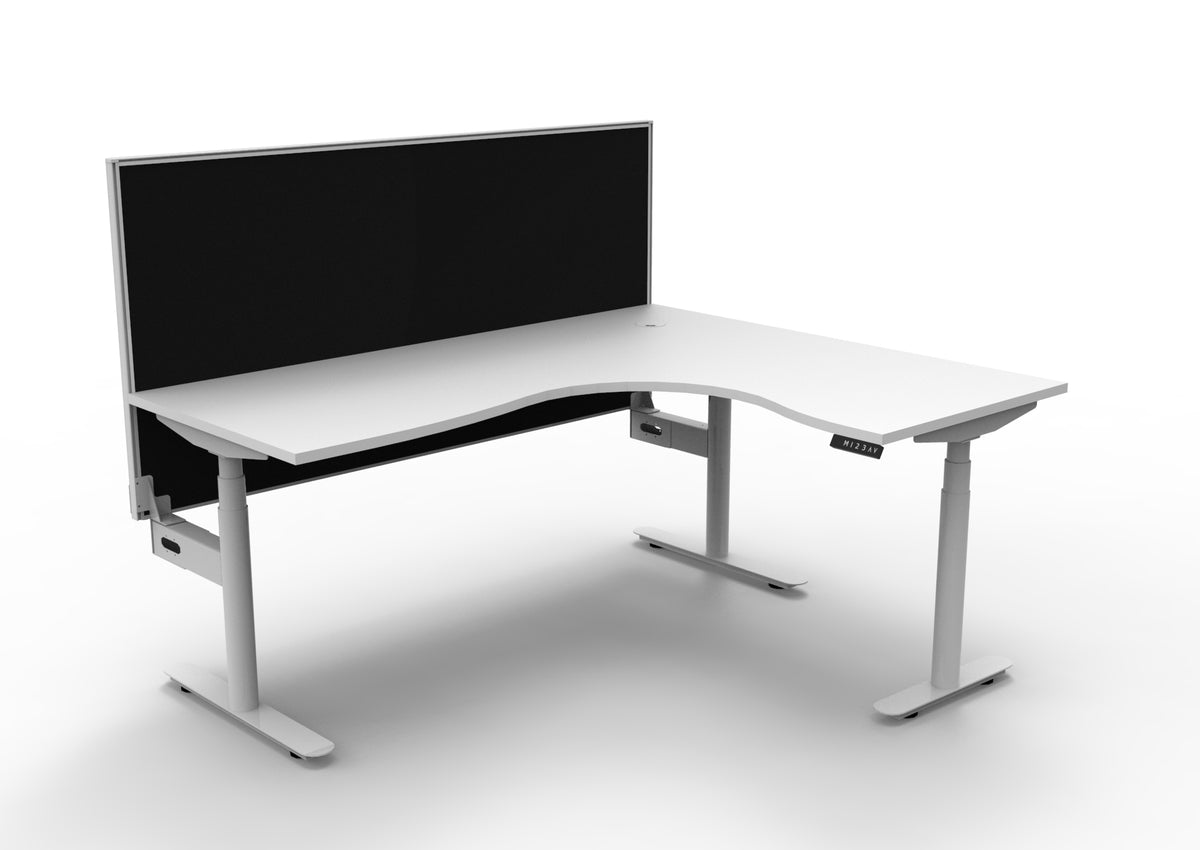 Rapidline Halo Plus electric height adjustable corner workstation on 70mm diameter round columns, E0 rated Natural White top with a white satin powdercoated frame, 900mm black fabric privacy screen. Supplied product image for model H+CNRWS1P1815 NW/WS.