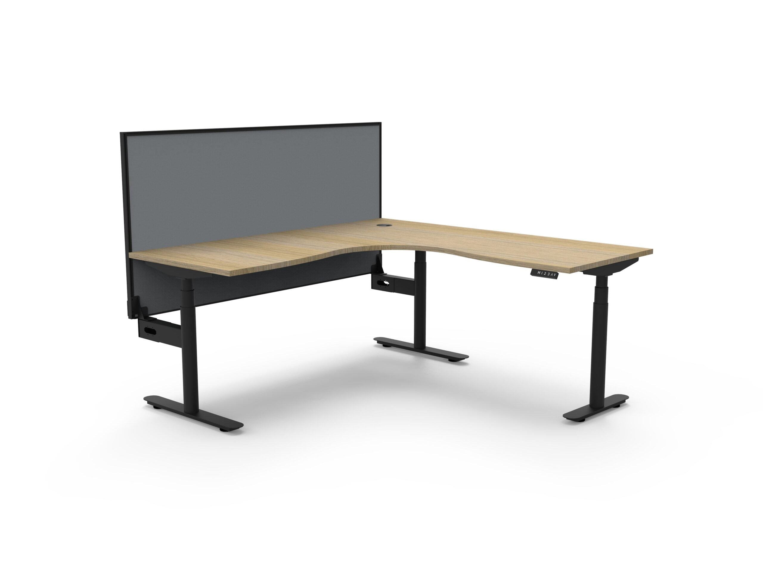 Rapidline Halo Plus electric height adjustable corner workstation on 70mm diameter round columns, E0 rated Natural Oak top with a black satin powdercoated frame, 900mm black fabric privacy screen. Supplied product image for model H+CNRWS1P1818 NO/BL.