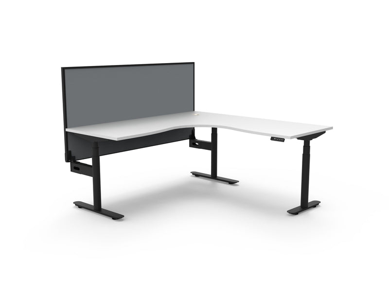 Rapidline Halo Plus electric height adjustable corner workstation on 70mm diameter round columns, E0 rated Natural White top with a black satin powdercoated frame, 900mm black fabric privacy screen. Supplied product image for model H+CNRWS1P1818 NW/BL.