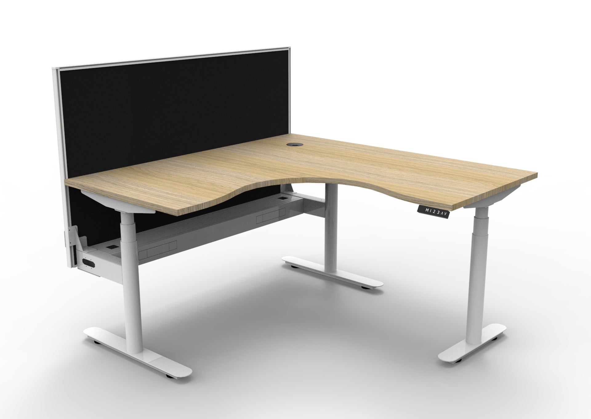 Rapidline Halo Plus electric height adjustable corner workstation on 70mm diameter round columns, E0 rated Natural Oak top with a white satin powdercoated frame, fitted ducted cable tray, 900mm black fabric privacy screen. Supplied product image for model H+CNRWSCT1P1515 NO/WS.