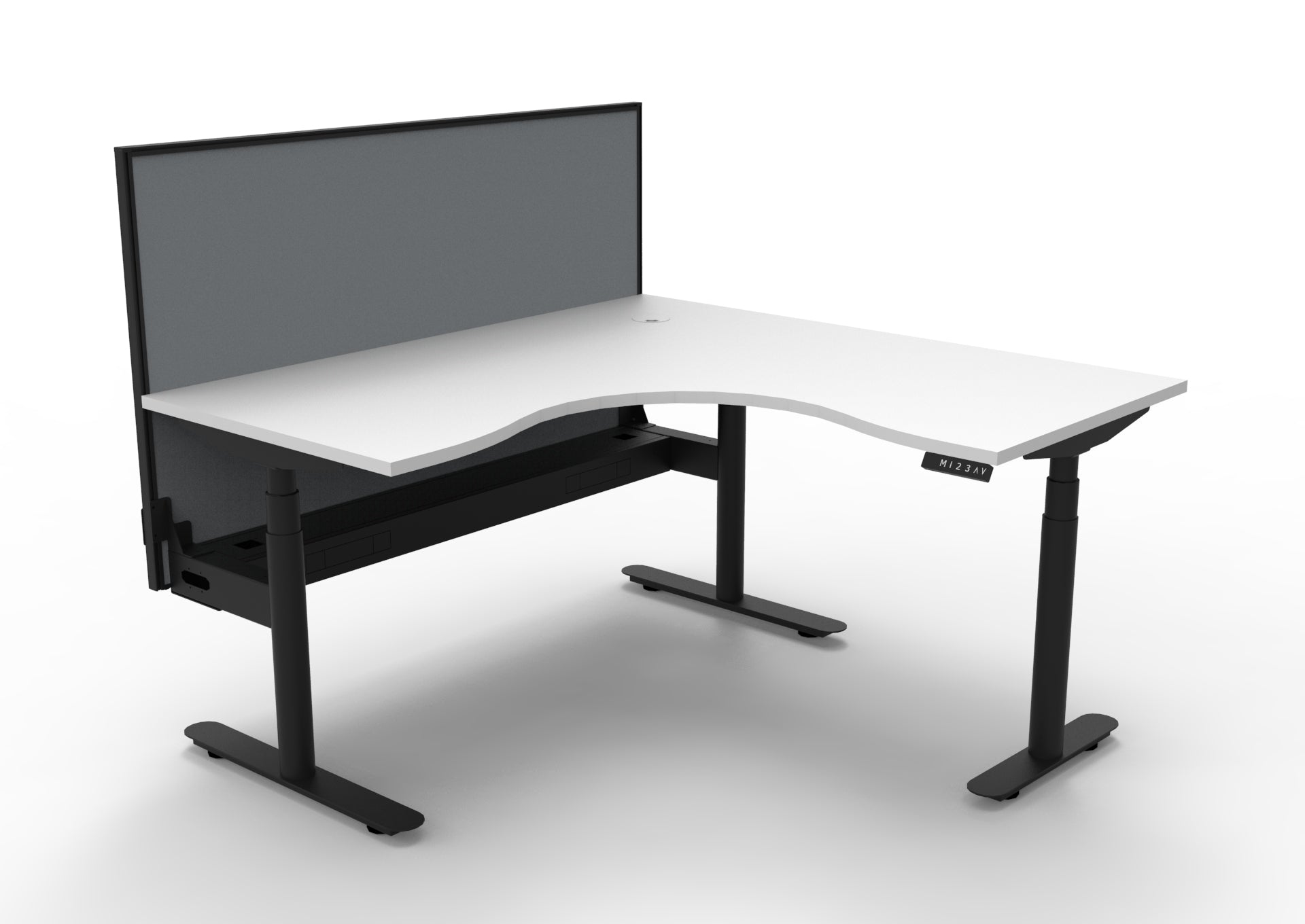Rapidline Halo Plus electric height adjustable corner workstation on 70mm diameter round columns, E0 rated Natural White top with a black satin powdercoated frame, fitted ducted cable tray, 900mm black fabric privacy screen. Supplied product image for model H+CNRWSCT1P1515 NW/BL.