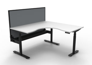 Rapidline Halo Plus electric height adjustable corner workstation on 70mm diameter round columns, E0 rated Natural White top with a black satin powdercoated frame, fitted ducted cable tray, 900mm black fabric privacy screen. Supplied product image for model H+CNRWSCT1P1515 NW/BL.