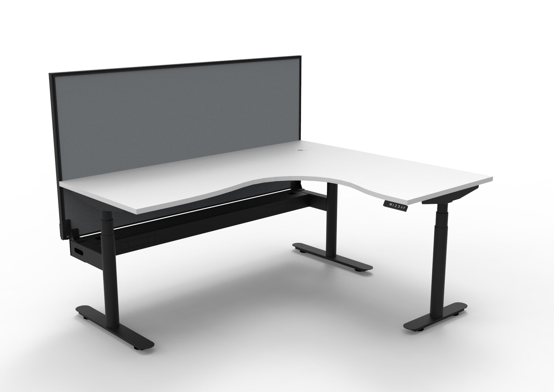 Rapidline Halo Plus electric height adjustable corner workstation on 70mm diameter round columns, E0 rated Natural White top with a black satin powdercoated frame, fitted ducted cable tray, 900mm black fabric privacy screen. Supplied product image for model H+CNRWSCT1P1815 NW/BL.