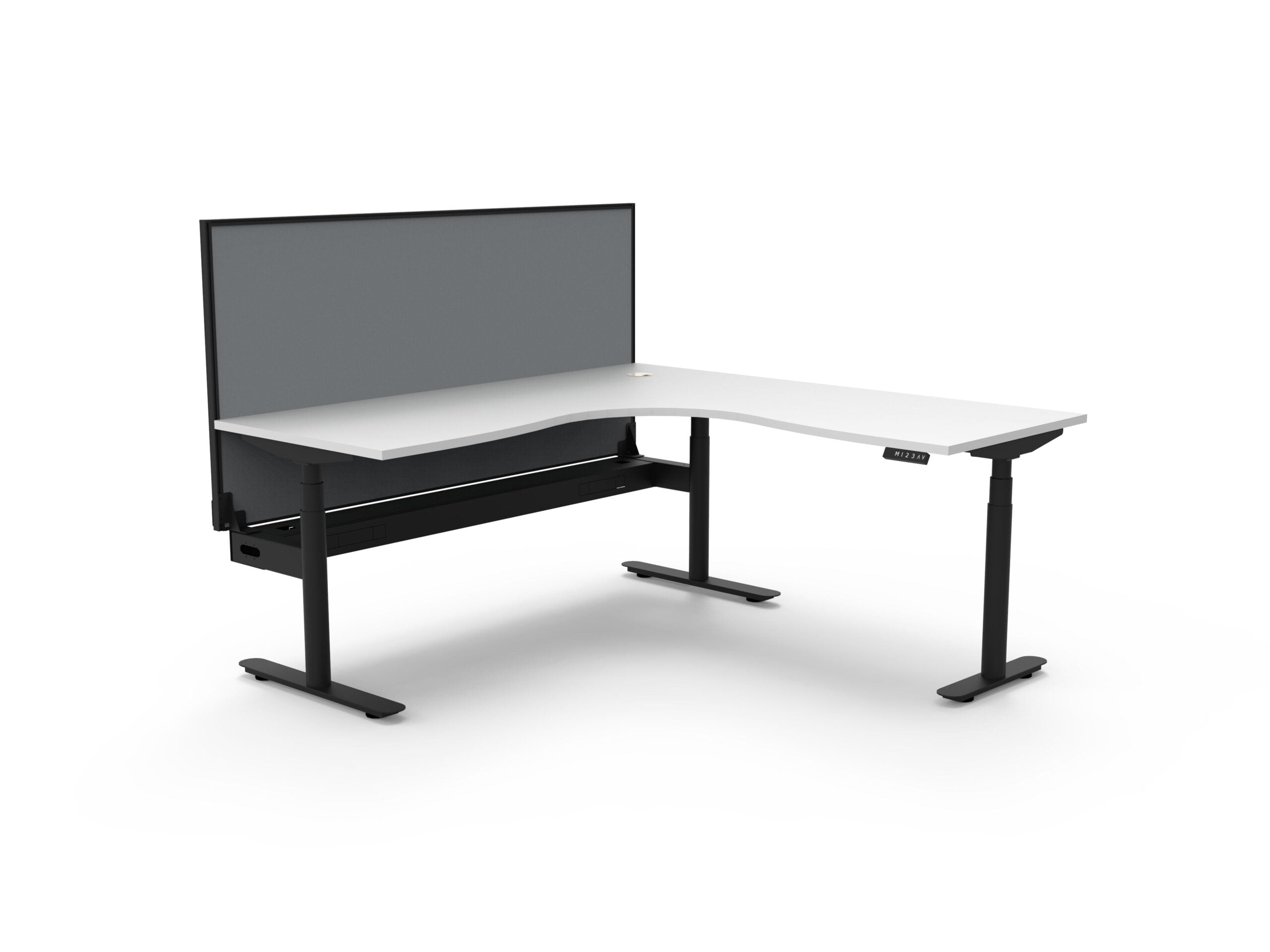 Rapidline Halo Plus electric height adjustable corner workstation on 70mm diameter round columns, E0 rated Natural White top with a black satin powdercoated frame, fitted ducted cable tray, 900mm black fabric privacy screen. Supplied product image for model H+CNRWSCT1P1818 NW/BL.