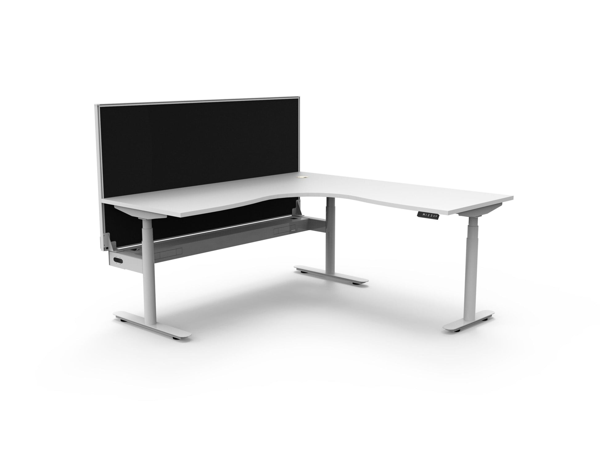 Rapidline Halo Plus electric height adjustable corner workstation on 70mm diameter round columns, E0 rated Natural White top with a white satin powdercoated frame, fitted ducted cable tray, 900mm black fabric privacy screen. Supplied product image for model H+CNRWSCT1P1818 NW/WS.