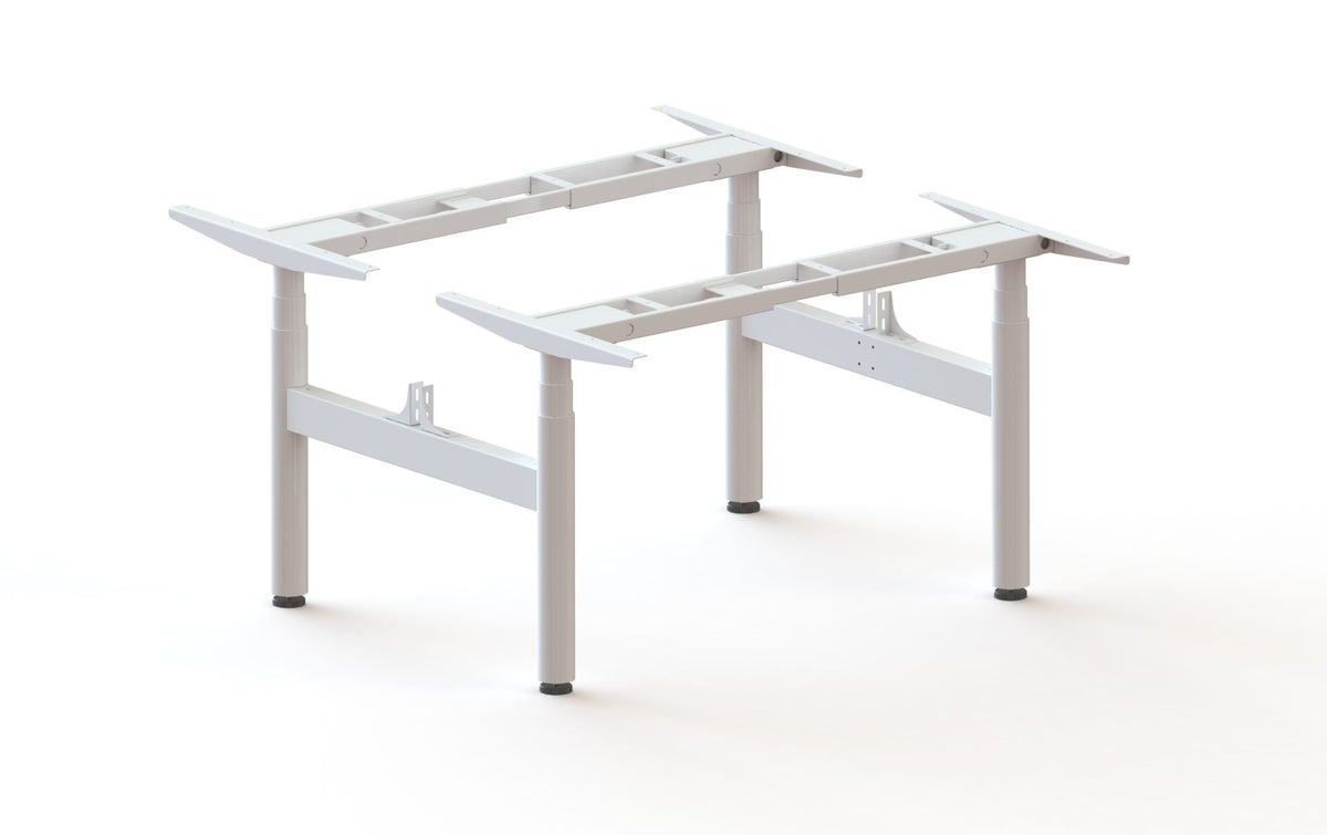 Rapidline Halo Plus back to back frame in white satin powdercoat for round leg height adjustable workstations. Supplied product image for model HP-BTBF WS.