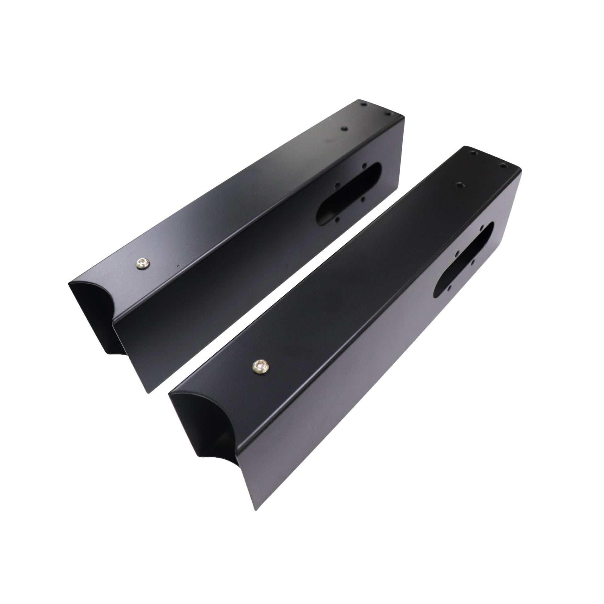 Rapidline Halo Plus cable tray and screen mounting arm in black satin powdercoat for round leg height adjustable workstations. Supplied product image for model HP-SSARM BL.