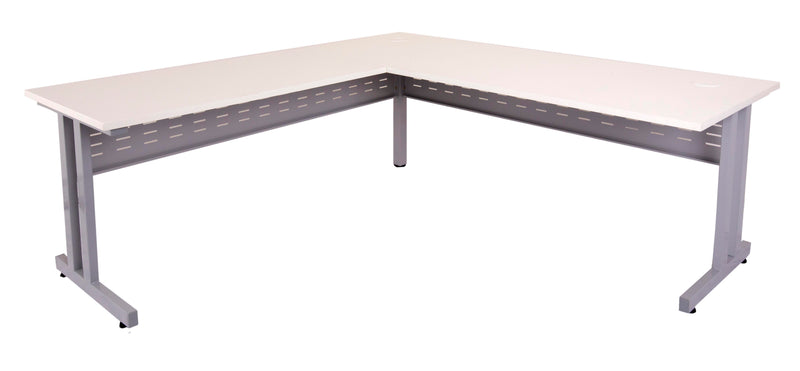 Rapidline Rapid Span C Leg open workstation with return in Natural White and Precious Silver. Supplied product image for model RCDR1818M NW. View 1.