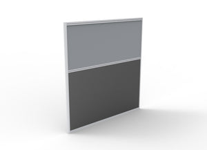 Rapidline Rapid Span screen 1200 x 1250mm in grey upholstery, one fabric panel above a charcoal lower panel in a silver frame, angled view
