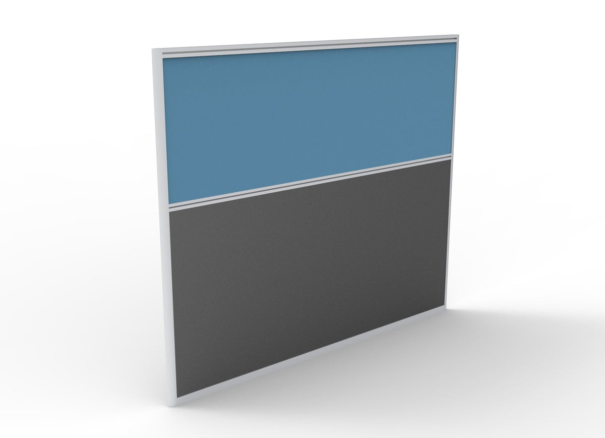 Rapidline Rapid Span screen 1500 x 1250mm in blue upholstery, one fabric panel above a charcoal lower panel in a silver frame, angled view