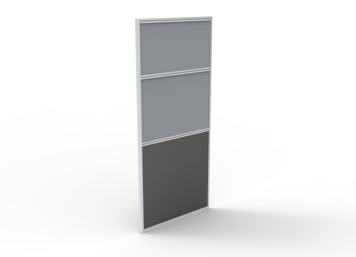 Rapidline Rapid Span screen 750 x 1650mm in grey upholstery, two fabric panels above a charcoal lower panel in a silver frame, angled view