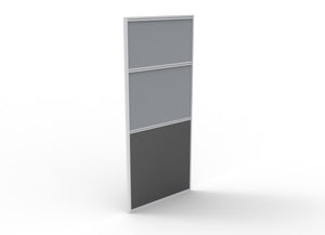 Rapidline Rapid Span screen 750 x 1650mm in grey upholstery, two fabric panels above a charcoal lower panel in a silver frame, angled view